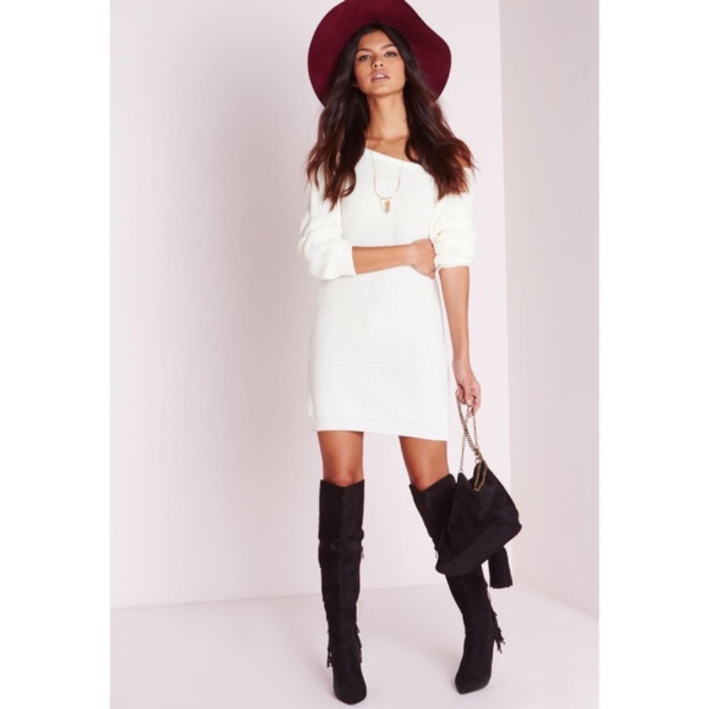 XSOLDX Off the Shoulder Cream Sweater Dress